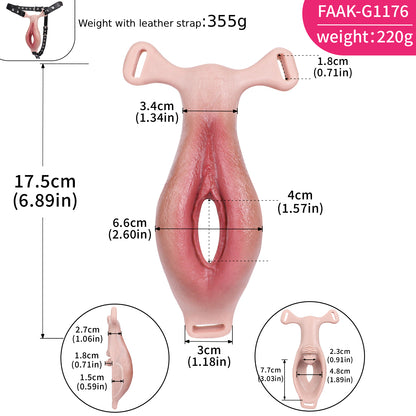 Wearable Platinum Silicone Vulva Prosthetic | Remote Vibration, Dual Stimulation & Leather Harness — Femboy, Couples & Solo Use