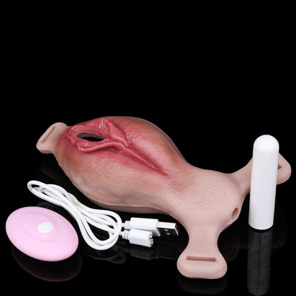 Dual-Sensation Realistic Vulva Strap-On Harness + Prosthetic with Remote Vibrator