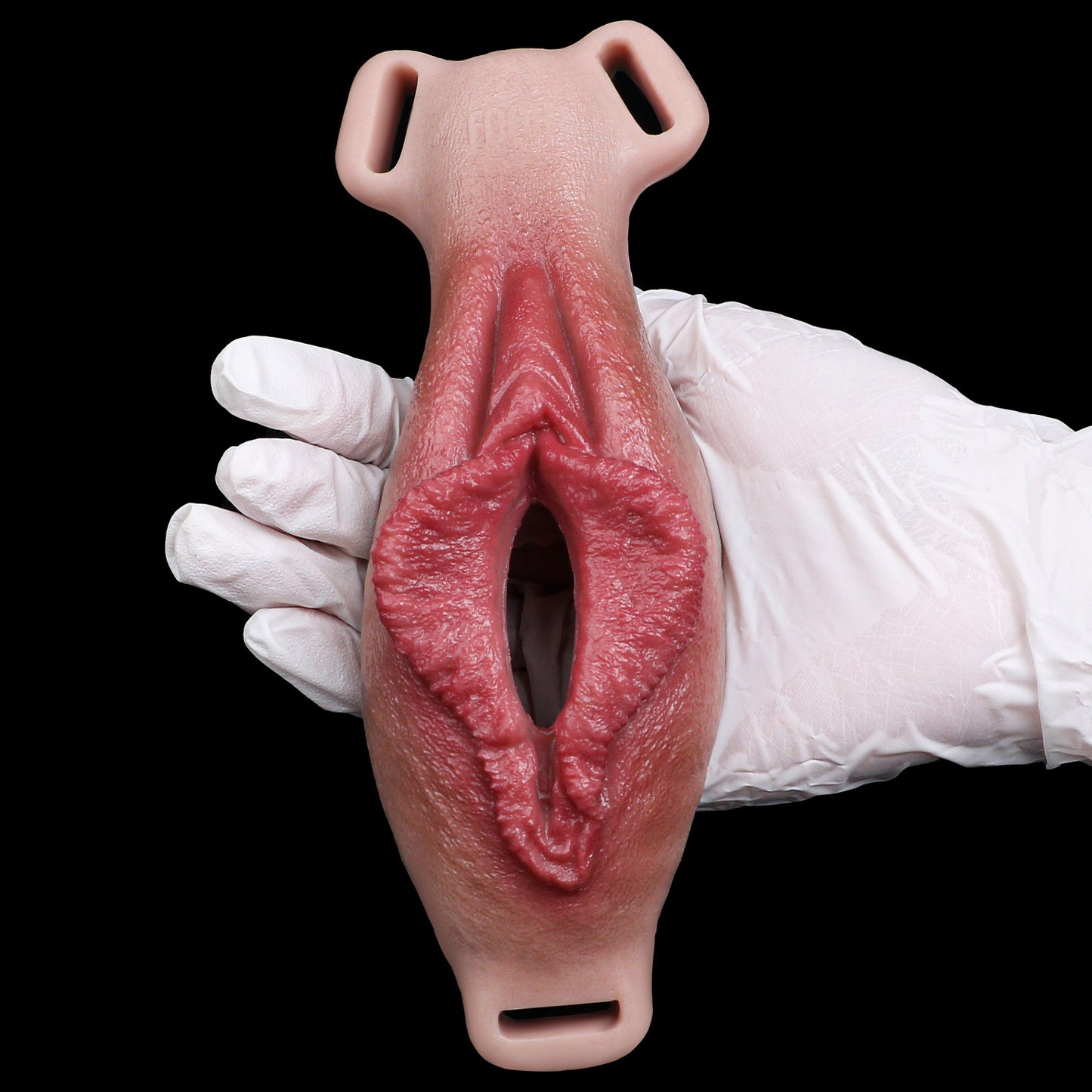 Everted Labia Platinum Silicone Strap-On Harness Prosthetic | Tongue Stimulator, Remote Vibration & Dual-Gender Pass-Through