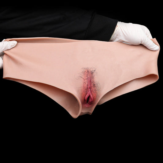 Warm Peach Silicone Pussy Panties | Deep Rose Vulva, Hand-Rooted Auburn Hair — Full-Coverage Femboy Brief