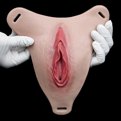 Femmevee Realistic Skin-Tone Pussy Panties | Black Harness Straps, Tucking & Urination Port — For Femboys & Gay Couples