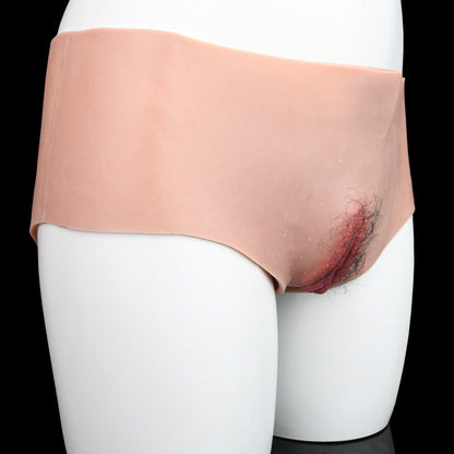 Warm Peach Silicone Pussy Panties | Deep Rose Vulva, Hand-Rooted Auburn Hair — Full-Coverage Femboy Brief