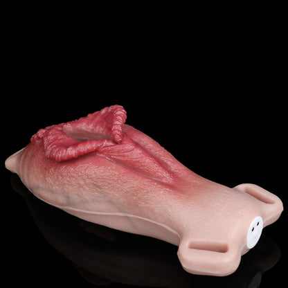 Everted Labia Platinum Silicone Strap-On Harness Prosthetic | Tongue Stimulator, Remote Vibration & Dual-Gender Pass-Through